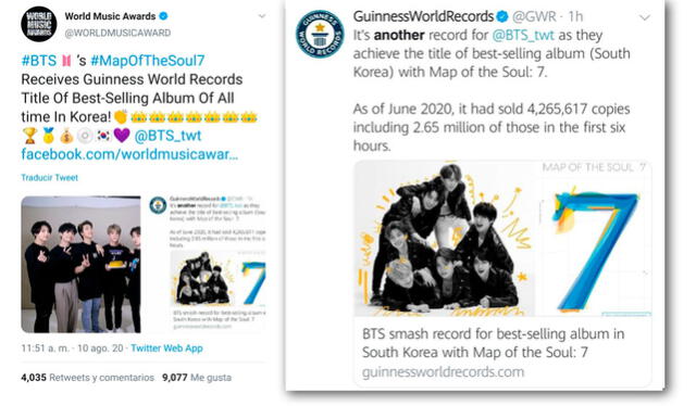 BTS: Map of the soul: 7 recibe  el título Guinness World Records del álbum más vendido de todos los tiempos en Corea. Crédito: captura Twitter