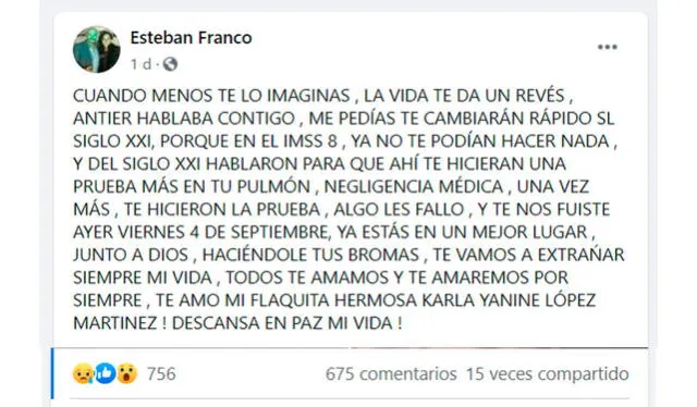 5.9.2020. Post del actor  Esteban Franco denunciando negligencia médica en la muerte de su hija. Crédito: captura  Facebook