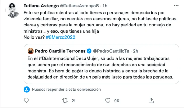 Tatiana responde a Pedro Castillo