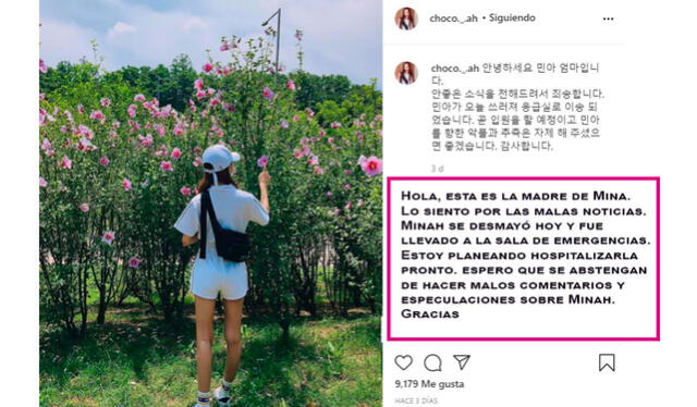 I LUV: Post de la madre de Minah informando del estado de salud de su hija. Crédito: captura Instagram