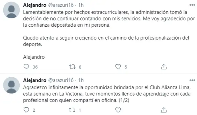 Alejandro Razuri se expresó a través de Twitter. Alejandro Razuri se expresó a través de Twitter.