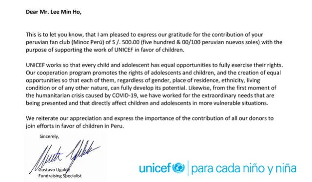 Carta de UNICEF agradeciendo el donativo realizado por MINOZ PERÚ. Crédito. Minoz Perú Fan Club