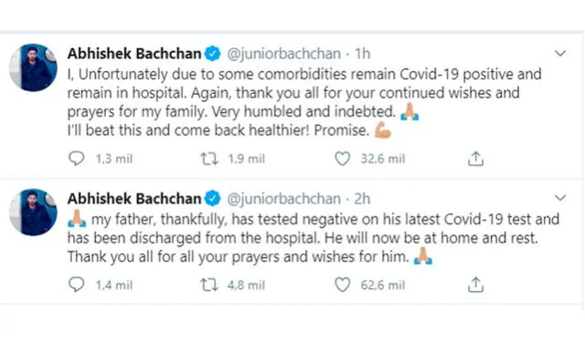 Tweet del hijo de Amitabh Bachchan, Abhishek Bachchan, celebrando el alta de su padre. Crédito: captura