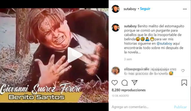 Post de Giovanni Suárez Forero comentando una escena de su personaje Benito Santos Uribe en la telenovela Pasión de gavilanes. Crédito: captura Instagram Sutaboy