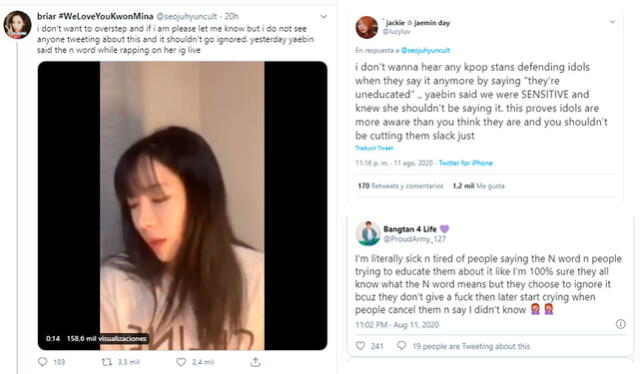 Reacciones al live en Instagram de Yaebin [HINAPIA] rapeando una palabra racista. Crédito: captura Twitter