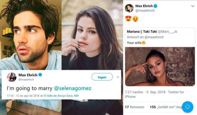 Tweets de Max Ehrich expresando su amor por Selena Gomez. 2018. Crédito: captura Twitter