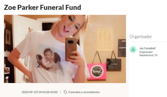 Petición online solicitando fondos para el funeral de Zoe Parker. Crédito: captura GoFundMe