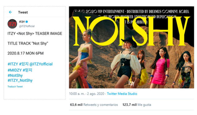 Tweet de ITZY presentando la imagen teaser para Not Shy. Crédito: captura