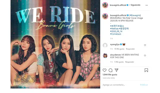 6.8.2020 Post de BRAVE GIRLS anunciando su comeback con We Ride. Crédito: captura Instagram 6.8.2020 Post de BRAVE GIRLS anunciando su comeback con We Ride. Crédito: captura Instagram