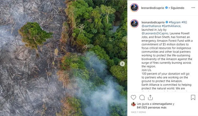 Post de Leonardo Dicaprio sobre los incendios en el Amazonas.