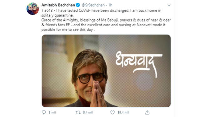 Tweet de Amitabh Bachchan agradeciendo el apoyo recibido durante su hospitalización. Crédito: captura