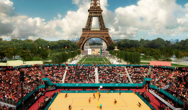 Se prevé un estadio temporal cerca de la Torre Eiffel para las competencias de vóley-playa. Foto: París 2024   