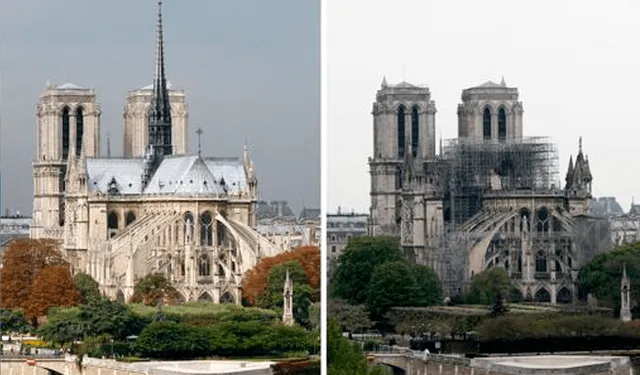 Comparación de cómo estaba y cómo quedó Notre Dame tras el incendio. Foto: AFP   