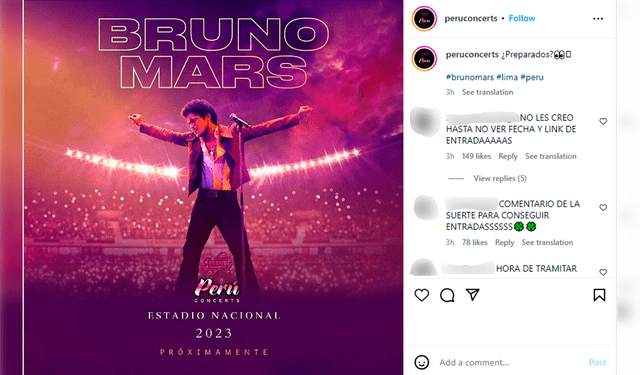  Seguidores de Perú Concerts se mostraron sorprendido con el anuncio. Foto: Instagram/ Perú Concerts   