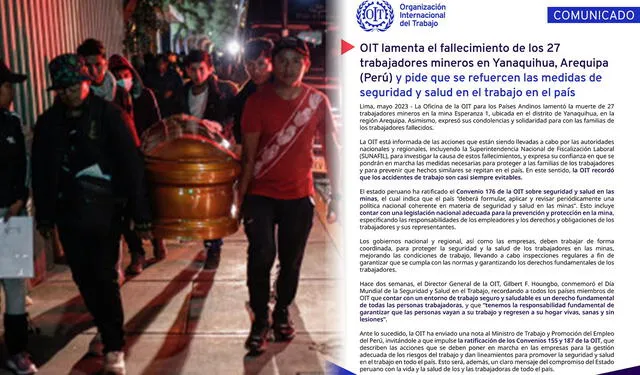  OIT envío sus condolencias a los deudos de los 27 mineros que fallecieron el último sábado 6 de mayo en Arequipa. Foto: composiciónLR/Rodrigo Ralavera/ LR/OIT    