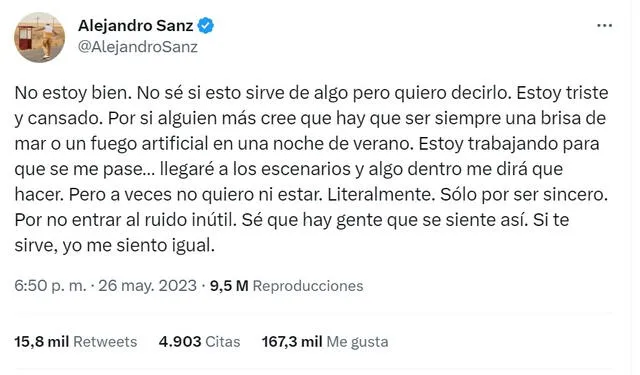  Tuit de Alejandro Sanz preocupa a sus fans. Foto: captura Twitter<br><br>  