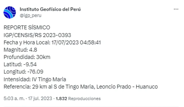 Datos del sismo en Huánuco. Foto: IGP   