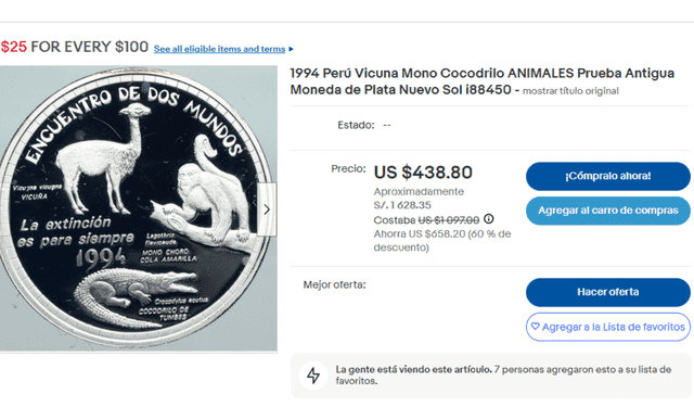  Moneda de 1 nuevo sol de 1994 que está valorizada en más de 1.600 soles. Foto: captura de Ebay   