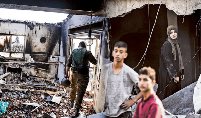  Israel y Gaza. Así quedó una vivienda israelí donde Hamás asesinó a toda una familia. Derecha, la desolación por la destrucción de un hogar en Gaza. Foto: EFE   