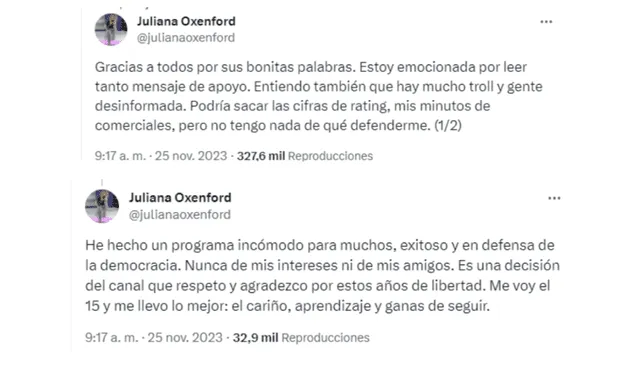 Juliana Oxenford señaló que "hizo un programa en defensa de la democracia y nunca de sus intereses". Foto: Twitter/Juliana Oxenford 