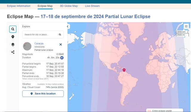  Datos eclipse lunar en Venezuela 2024. Foto: composición LR/ Time and Date.    