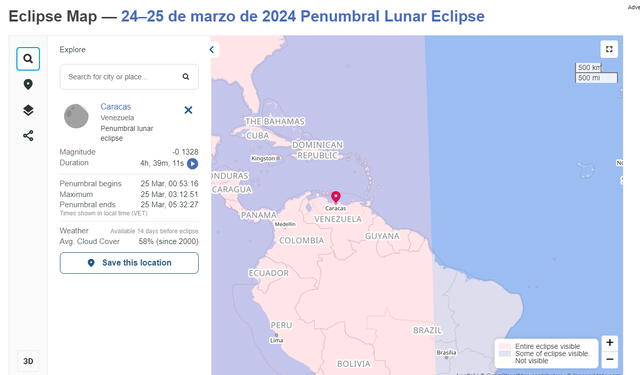  Datos eclipse lunar en Venezuela, 25 de marzo 2024. Foto: composición LR/ Time and Date.   