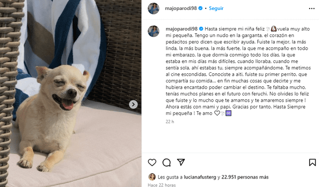  Hermana de Patricio Parodi dedicó emotivas palabras hacia su perrita. Foto: Instagram/Majo Parodi   