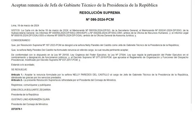  La resolución suprema 086-2024-PCM fue publicada este miércoles 20 de marzo en El Peruano.   
