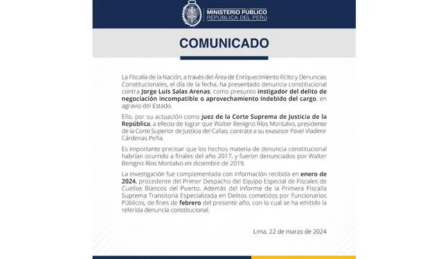 Comunicado que brinda mayores alcances de la denuncia contra Jorge Luis Salas Arenas. Foto: Fiscalía   