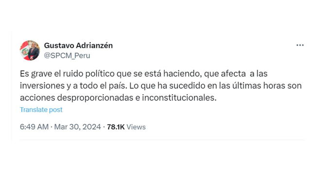 Comunicado de Adrianzén a pocas horas del allanamiento a la casa de la presidenta.    