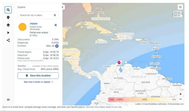  Datos del eclipse solar en Venezuela del próximo 8 de abril 2024. Foto: Time and Date.    