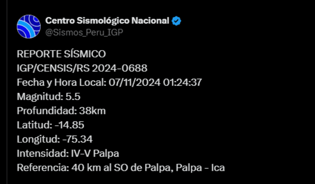  Temblor en Ica según IGP. Foto: captura X    