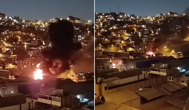  Los bomberos continúan atendiendo la emergencia en un almacén en San Martín de Porres. Foto: difusión.   