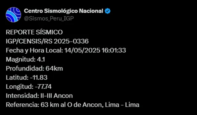  Temblor en Lima, según IGP. Foto: IGP    