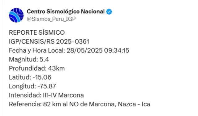 Sismo en Perú, según IGP. Foto: X Sismo en Perú, según IGP. Foto: X