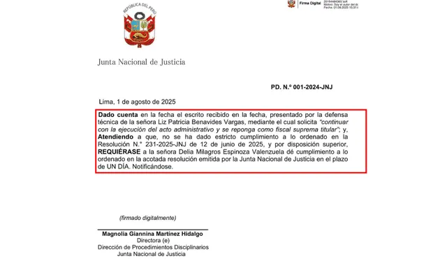 Oficio enviado por la Junta Nacional de Justicia a Delia Espinoza el 1 de agosto. Oficio enviado por la Junta Nacional de Justicia a Delia Espinoza el 1 de agosto.