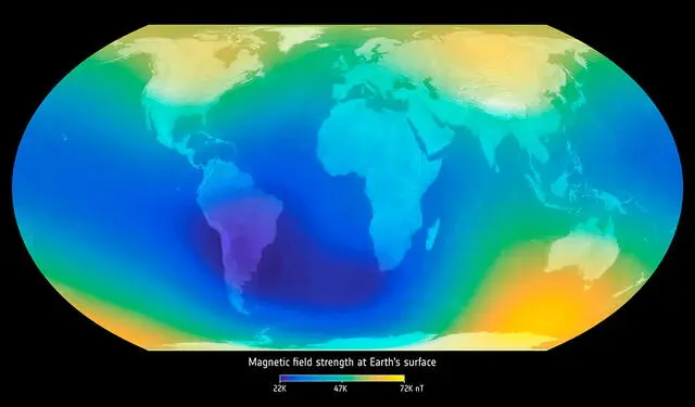 Intensidad del campo magnético en la superficie de la Tierra. Foto: ESA Intensidad del campo magnético en la superficie de la Tierra. Foto: ESA