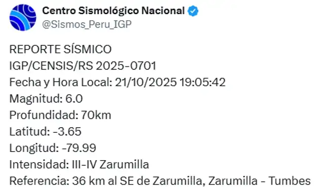 Fuerte sismo de magnitud 6,0 se sintió en Zarumilla, Tumbes según el IGP HOY 21 de octubre Fuerte sismo de magnitud 6,0 se sintió en Zarumilla, Tumbes según el IGP HOY 21 de octubre