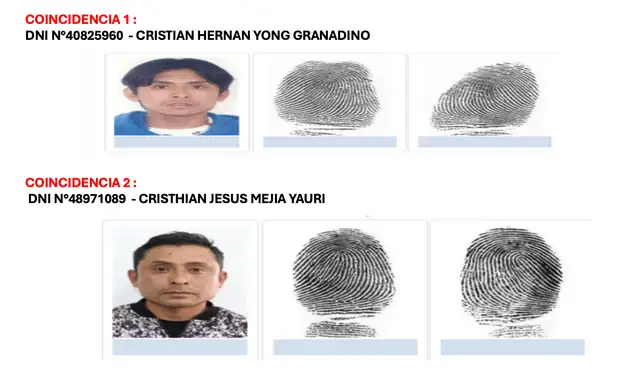 Huellas dactilares arrojaron la misma identidad. Foto: PNP Huellas dactilares arrojaron la misma identidad. Foto: PNP