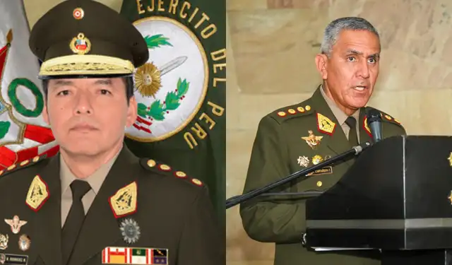 Nuevo jefe del Estado Mayor General del Ejército, general de división Marcos Rodríguez Monge, y el nuevo Inspector General del Ejército, general de división Julio Castañeda Zegarra. Foto: difusión   