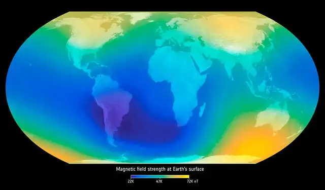  Intensidad del campo magnético en la superficie de la Tierra. Foto: ESA   