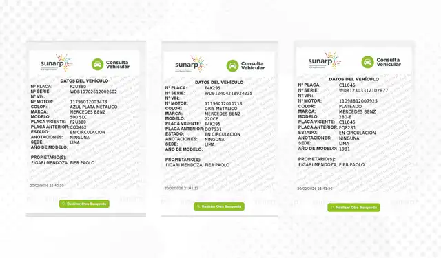 Documentado. La acusación del fiscal Wilson Salazar Reque incluye los registros de las propiedades de tres vehículos Mercedes Benz que presuntamente el candidato fujimorista Pier Figari financió con los fondos que le transfirió Joaquín Ramírez. Foto: Sunarp   