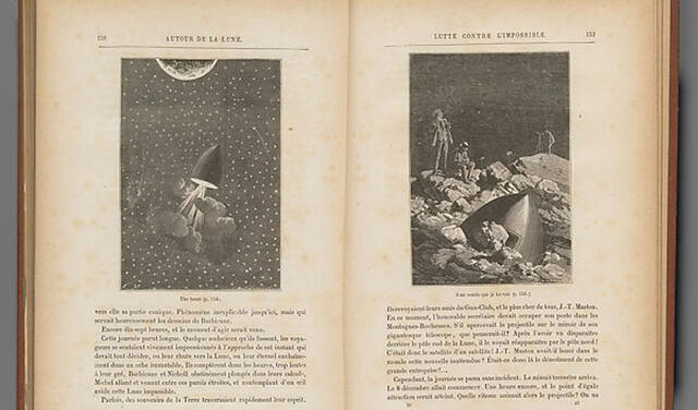 Ilustración del libro "De la Tierra a la Luna" (izquierda) y su secuela "Alrededor de la Luna" (derecha). Foto: Museo Metropolitano de Arte (Nueva York)