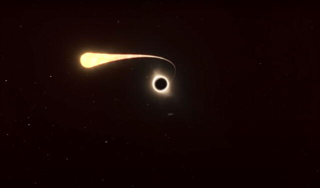 Estrella siendo estirada o espaguetizada por un agujero negro. Captura de video: ESO