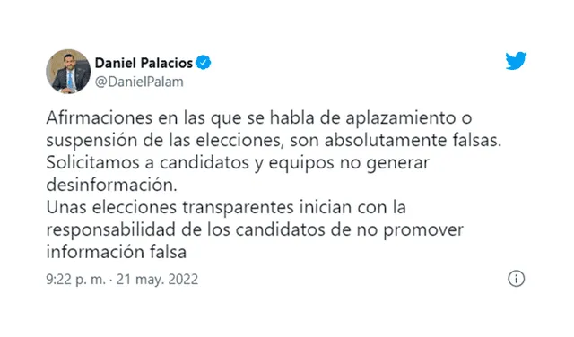 El ministro del Interior, Daniel Palacios, le pidió a los candidatos y sus equipos que no generen desinformación.
