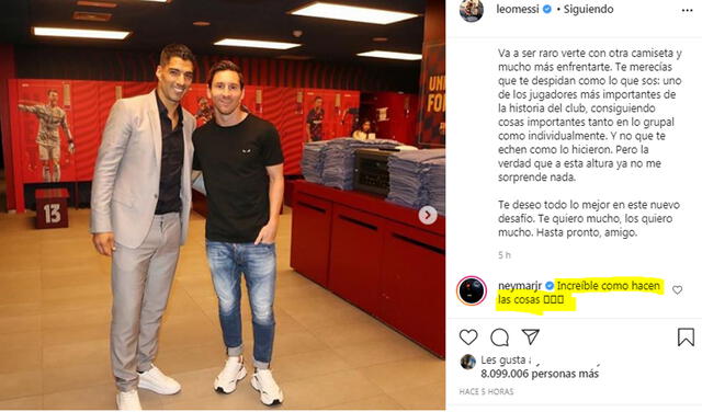 Publicación de Lionel Messi para Luis Suárez y la respuesta de Neymar. | Foto: Instagram