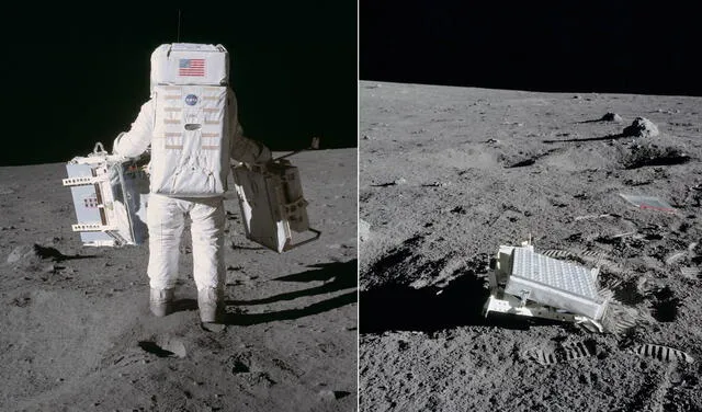 El astronauta Buzz Aldrin lleva en su mano derecha un panel reflector. La otra imagen muestra uno ya instalado en la superficie lunar. Foto: NASA