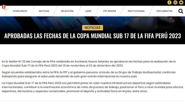 FPF confirmó fechas del Mundial Sub-17 de Perú. Foto: captura de FPF