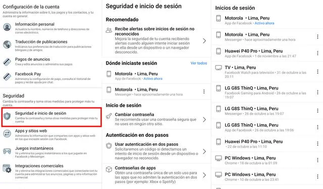 Facebook: inicios de sesión