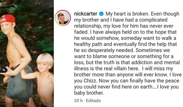 6.11.2022 | Nick Carter lamenta la muerte de su hermano Aaron Carter. Foto: captura Instagram